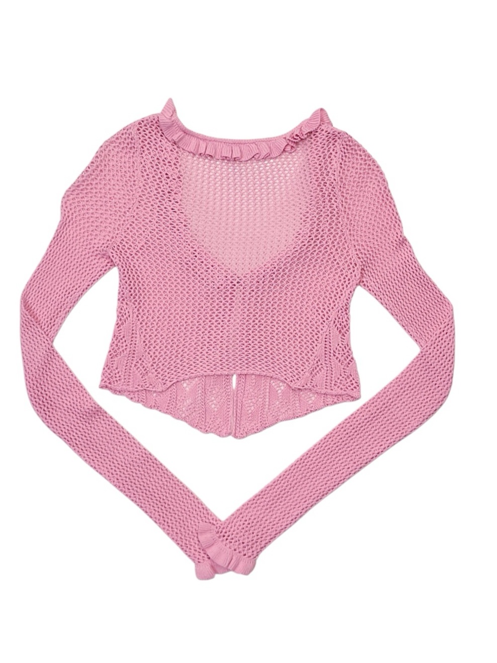 UO Women’s Pink Crochet Ruffle Coquette Cropped Bolero Cardigan Size:XS/S - Picture 2 of 8